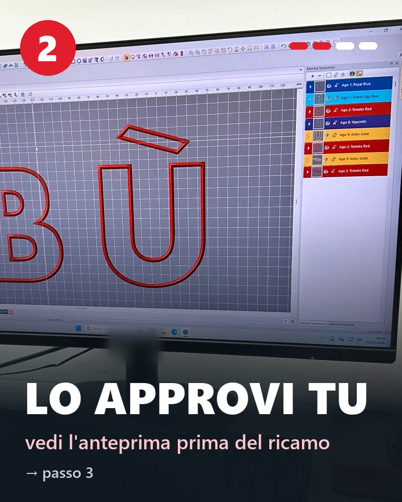 Anteprima del ricamo sullo schermo, da approvare prima della produzione