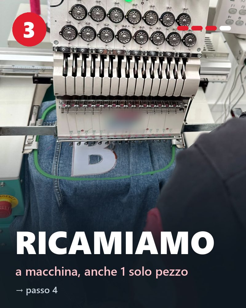 Macchina da ricamo Zipp che ricama la lettera B su un capo in jeans