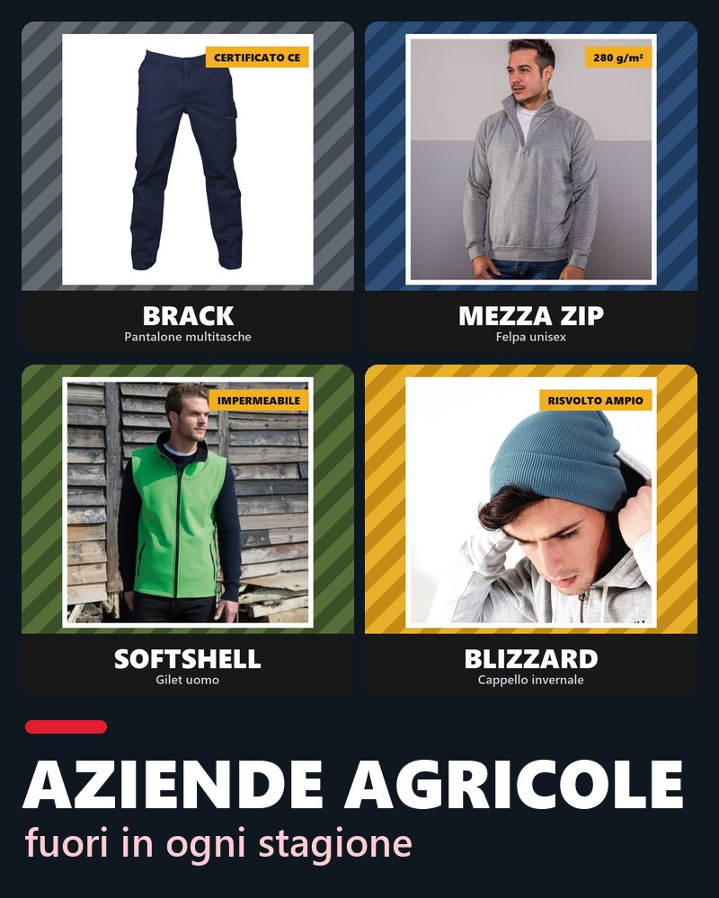 Kit aziende agricole: Pantalone Multitasca Brack, Felpa con mezza zip, Gilet Soft-Shell Uomo, Cappello Invernale a Zuccotto Blizzard