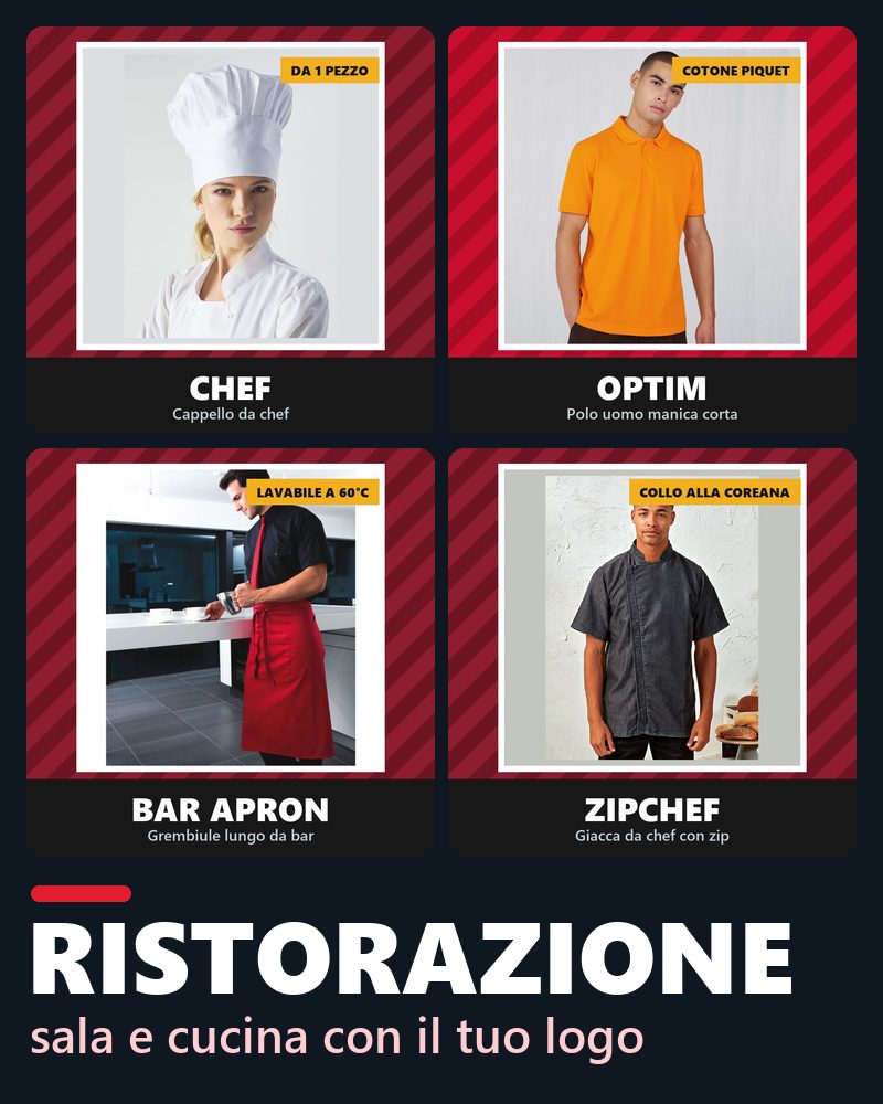Kit ristorazione: Cappello da Chef, Polo Uomo Personalizzata con Ricamo, Grembiule Bar Apron, Giacca ZipChef