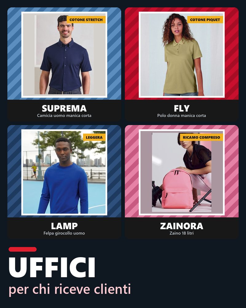 Kit uffici: Camicia Suprema Uomo Manica Corta, Polo Donna Personalizzata con Ricamo, Felpa Uomo Girocollo Lamp, Zaino Zainora